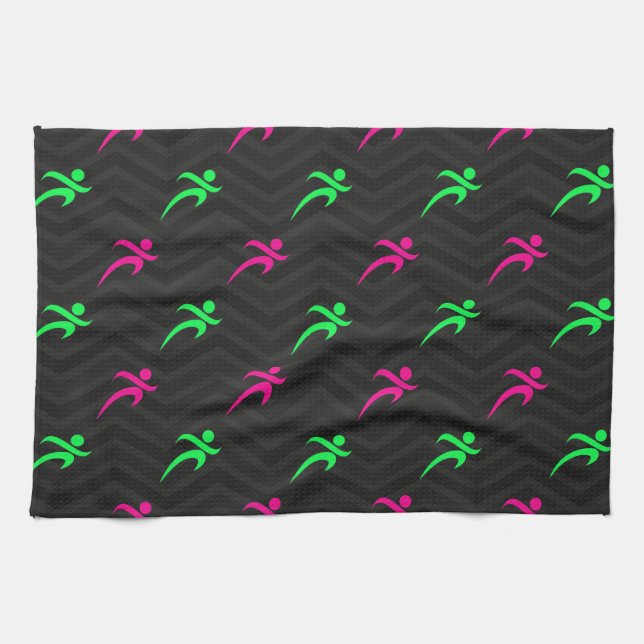 Neon Green, Hot Pink, Running, Runner, Black Tea Towel (Horizontal)