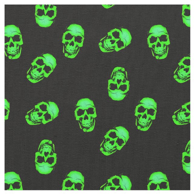 Neon Green Human Skull Pattern on Black Fabric (Close Up)