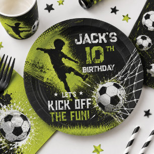 Neon Green Kick Off the Fun Soccer Birthday Party Paper Plate