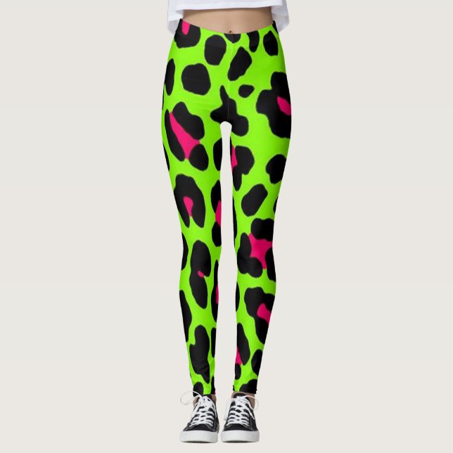 Neon Green Leopard Print Leggings (Front)