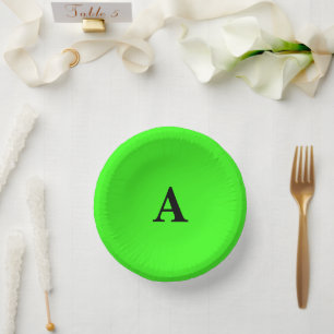 Neon Green Monogram Initial White Custom Modern Paper Plate