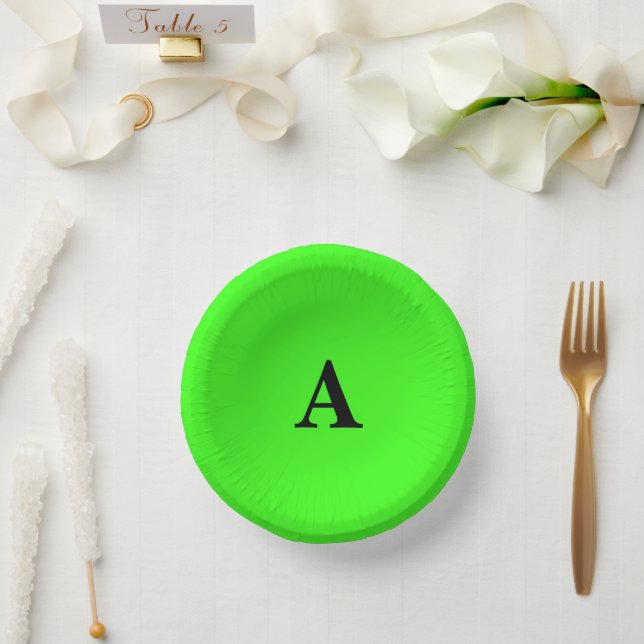 Neon Green Monogram Initial White Custom Modern Paper Plate (Wedding)