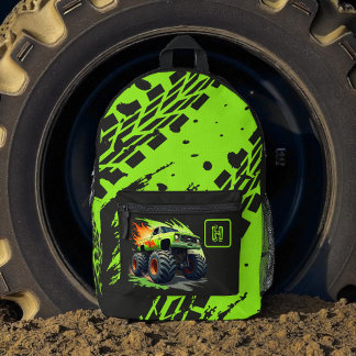 Neon Green Monster Truck Boys Monogram  Printed Backpack