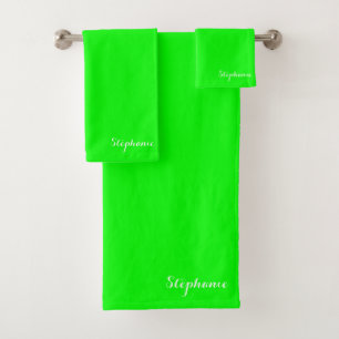 Neon Green Name Modern Elegant Monogram Boho Bath Towel Set