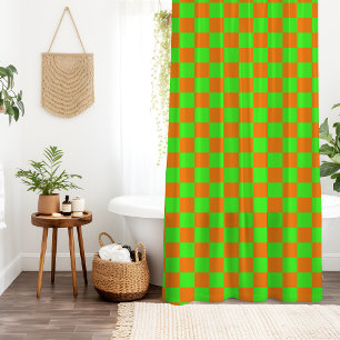Neon Green Orange Chequered Chequerboard Vintage Shower Curtain