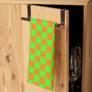 Neon Green Orange Chequered Chequerboard Vintage Tea Towel