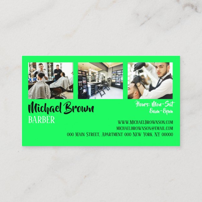 Neon Green Photo Framed Barber pole Business Card (Back)