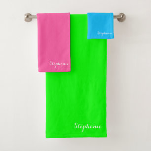 Neon Green Pink Blue Name Retro Elegant Monogram  Bath Towel Set