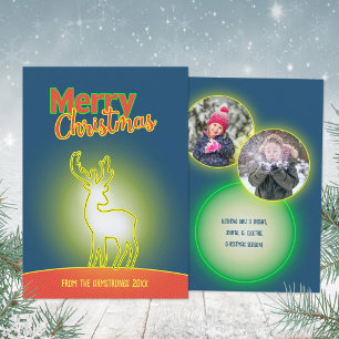 Neon Green Pop Art Reindeer 2 Photo Christmas Holiday Card