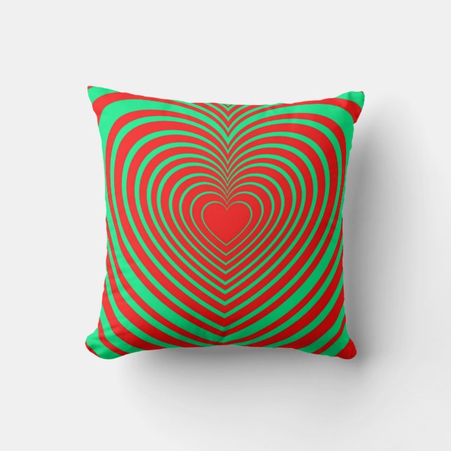 Neon Green Red Hypnotic Heart Love Pattern Cushion (Front)