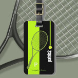 Neon Green Sport Tennis personalised Luggage Tag<br><div class="desc">Such a great design to personalise with name and initial letter of the tennis player. Acid-Green stripe with a tennis racquet on black custom colour. A luggage tag with a name is important for several practical reasons when travelling. Firstly, it serves as a quick and easy way to identify your...</div>