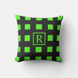 Neon Green Squares Patterns Monograms Black Cute Cushion