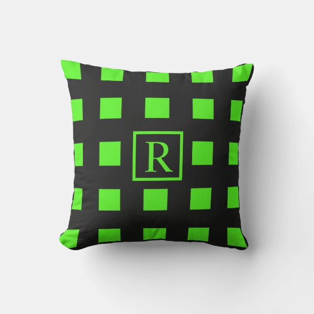 Neon Green Squares Patterns Monograms Black Cute Cushion (Front)