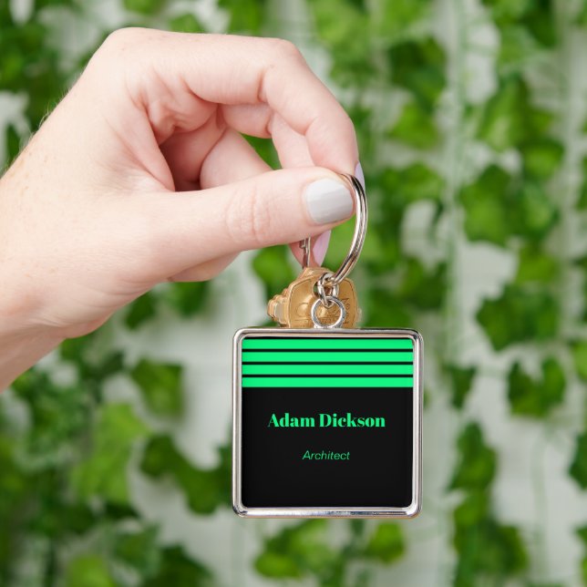 Neon green stripes black employee key ring (Hand)