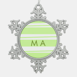 Neon green stripes Greek pattern letter monogram Snowflake Pewter Christmas Ornament