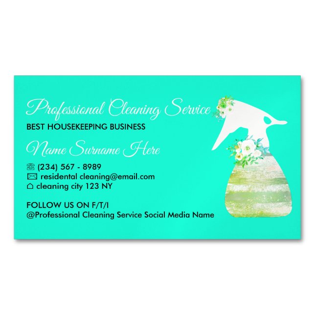Neon Green Teal Maid Spray Flower Cleaning Magnetic Business Card (Front)