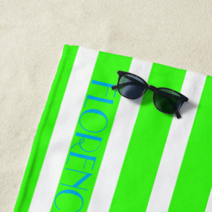 neon green white cabana stripes - personalised beach towel