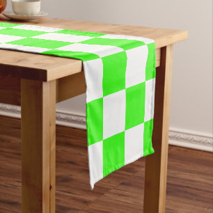 Neon Green White Chequered Chequerboard Vintage Short Table Runner