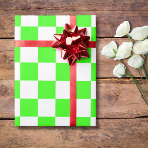 Neon Green White Chequered Chequerboard Vintage Wrapping Paper