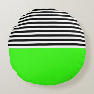 Neon Green With Black and White Stripes Round Cushion