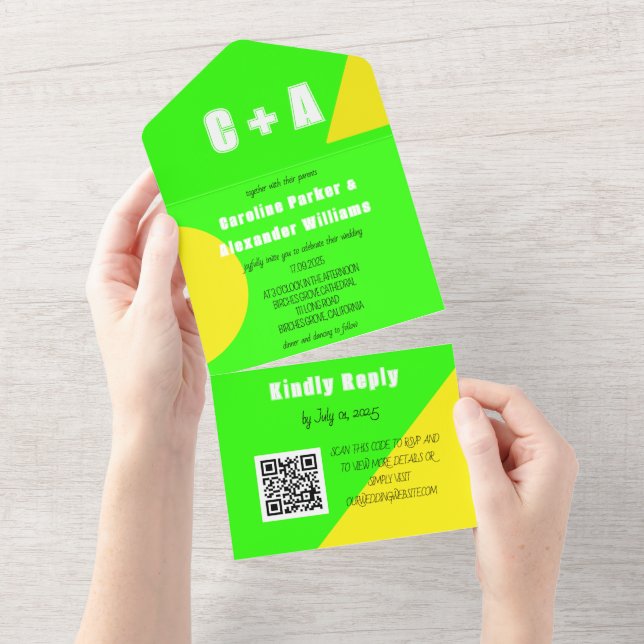 Neon Green Yellow Retro Modern Bold Elegant  All In One Invitation (Tearaway)