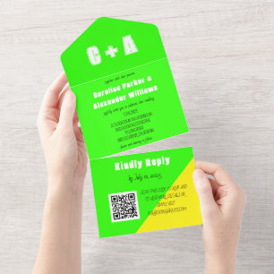 Neon Green Yellow Retro Modern Bold Elegant All In One Invitation