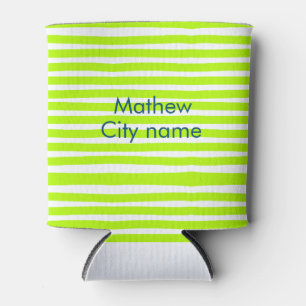 Neon green yellow retro stripes add name cityplace can cooler