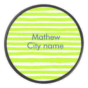 Neon green yellow retro stripes add name cityplace hockey puck