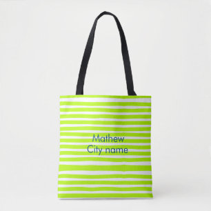 Neon green yellow retro stripes add name cityplace tote bag