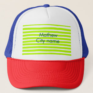 Neon green yellow retro stripes add name cityplace trucker hat