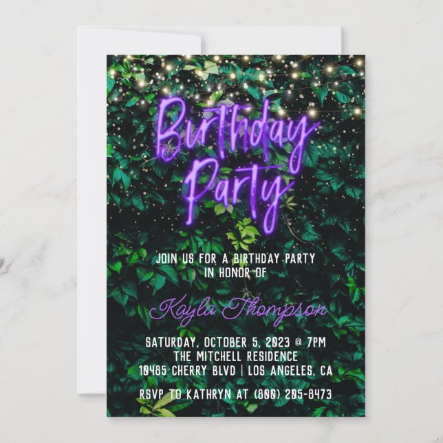 Neon Greenery Green Wall Birthday Party Invitation (Back)