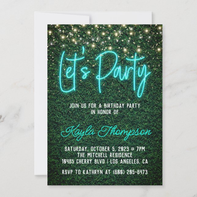 Neon Greenery Green Wall Let's Party Invitation (Back)