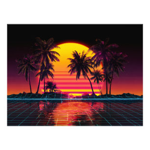 Neon Grid Palm Sunset Photo Print