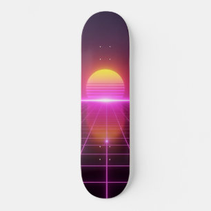 Neon Grid Sunset Synthwave Skateboard