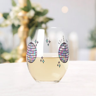Neon Groovy Disco Ball Stemless Wine Glass
