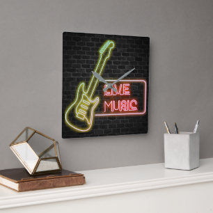 Neon guitar sign on brick square wall clock