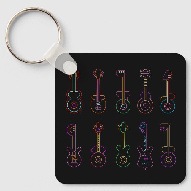 Neon Guitars with black background Key Ring (Front)