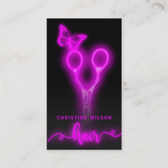 neon hairdresser scissors butterfly business card (Front)
