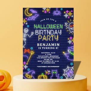 Neon Halloween 8th Birthday Party Invitation