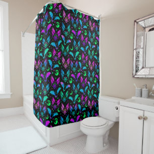Neon Halloween Bats, Cats, Moons and Stars  Shower Curtain