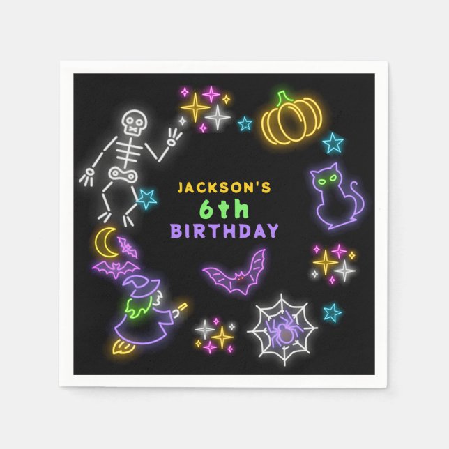 Neon Halloween Boys 6th Birthday Costume Party Napkin (Front)