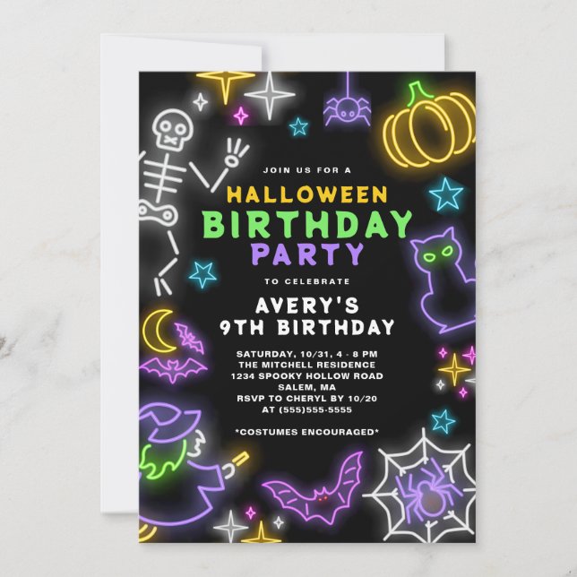 Neon Halloween Boys 9th Birthday Costume Party Invitation (Front)