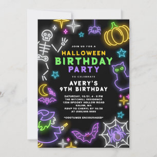 Neon Halloween Boys 9th Birthday Costume Party Invitation
