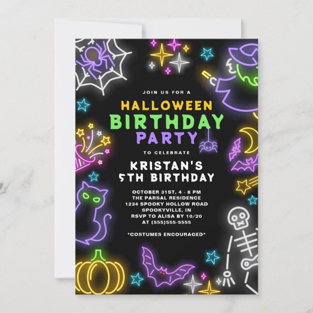 Neon Halloween Girls 5th Birthday Costume Party Invitation (Front)