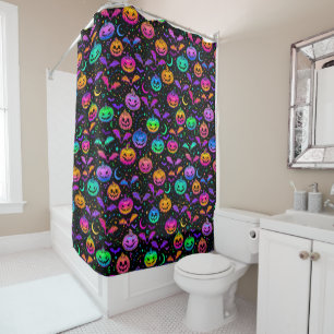 Neon Halloween Jack=O=Lanterns Bats and Stars Shower Curtain