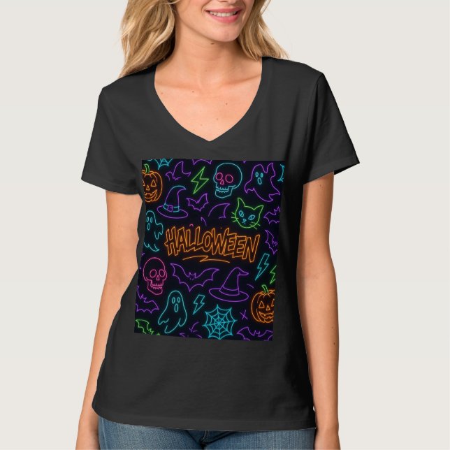 Neon Halloween Pattern Ghosts Pumpkins Bats T-Shirt (Front)