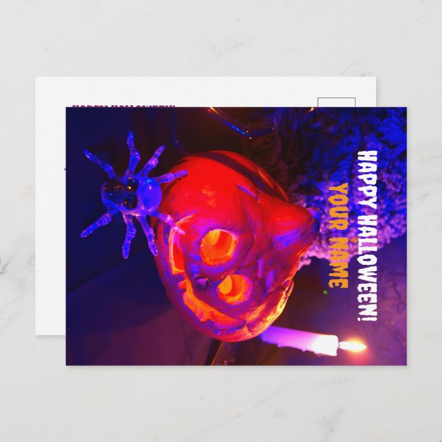 Neon Halloween pumpkins Announcement Postcard (Front/Back)