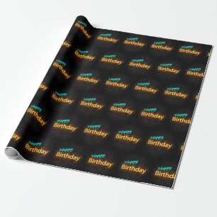 Neon Happy Birthday Sign on Brick Wrapping Paper