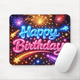 Neon Happy Birthday with Shooting Stars Mouse Pad