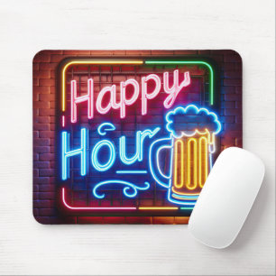 Neon Happy Hour Sign On Brick Mouse Pad
